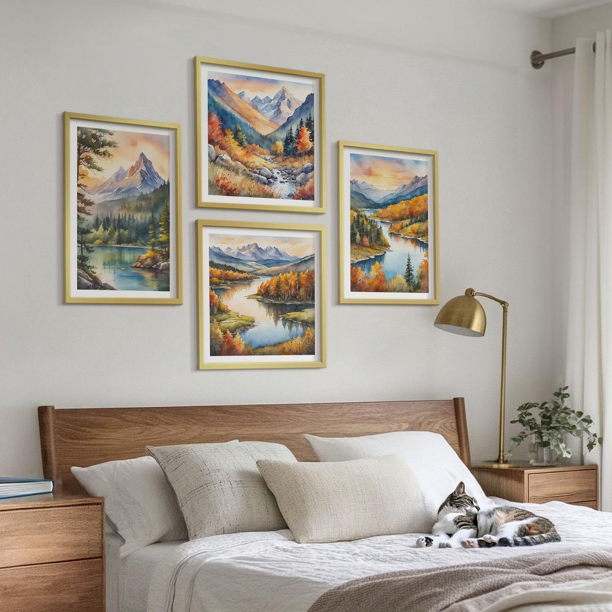 BILDER SET 4er Set - 50x50 cm & 40x60 cm Goldrahmen - Berglandschaften mit einem Fluss - Goldfarben, Kunststoff (50/50cm) - TULUP