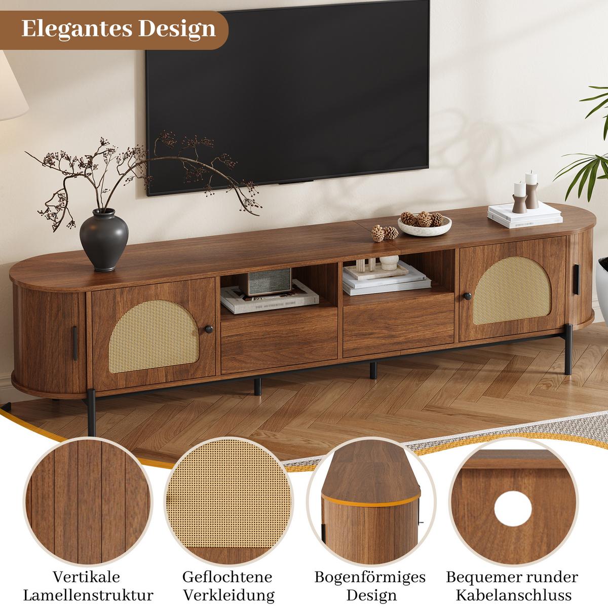 TV-LOWBOARD in holzoptik mit rattan, ovale form und viel stauraum - Walnussfarben, Holzwerkstoff (200/49.5/40cm) - Urban Meuble