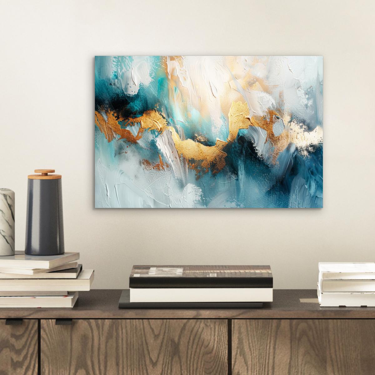 METALLBILD Abstrakt - Kunst - Gold - Blau 30x20 cm - Petrol, Metall (30/20cm) - MuchoWow