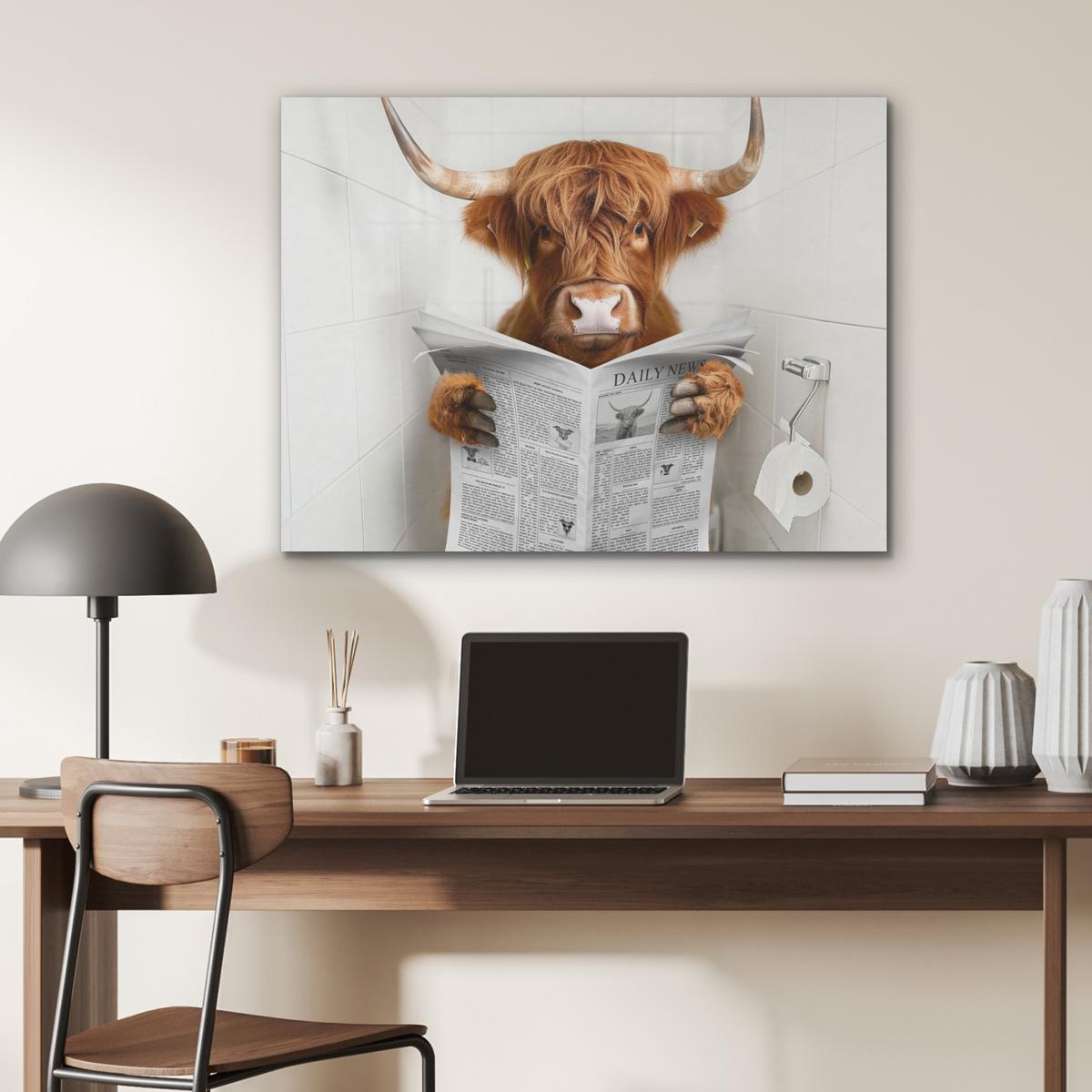 AKUSTIKBILD Schottischer Highlander - Tier - Zeitung - Toilette Gemälde 80x60 cm - Kastanienfarben, Kunststoff (80/60/0.9cm) - MuchoWow