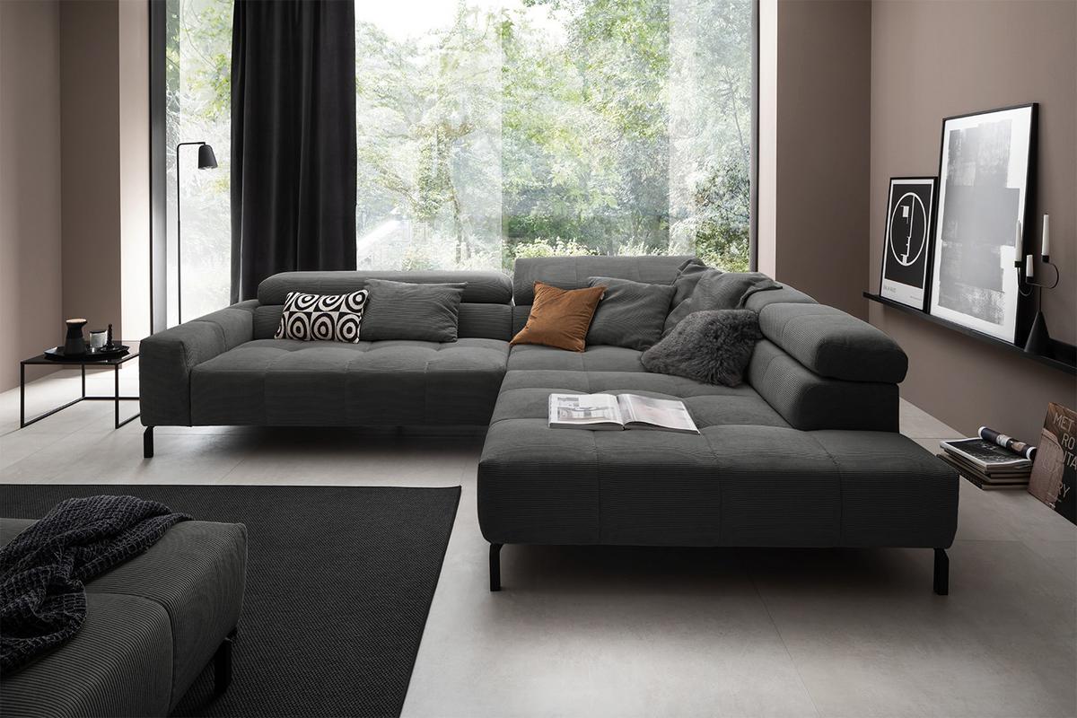 ECKSOFA MIT MOTORISCHEM SITZVORZUG OHIO Anthrazit Cord Relaxfunktion - Anthrazit/Schwarz, Textil/Metall (311/219cm) - KAWOLA