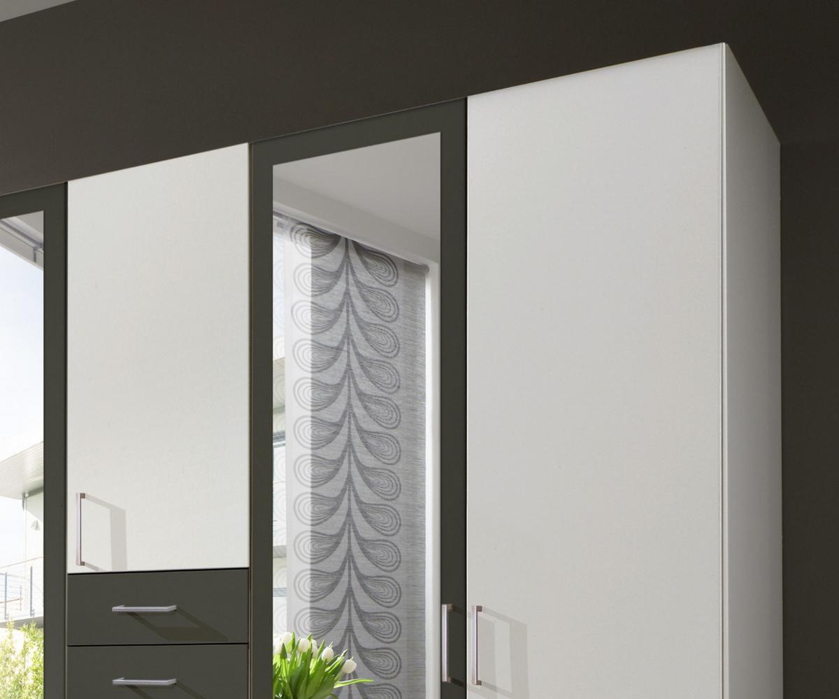 DREHTÜRENSCHRANK B225/H208/T58 cm, Weiß mit Absetzungen in Grafit, Kleiderschrank mit 2 Spiegeltüren & Schubkästen / 22590 - Silberfarben/Graphitfarben, Holzwerkstoff/Kunststoff (225/208/58cm) - luma-home
