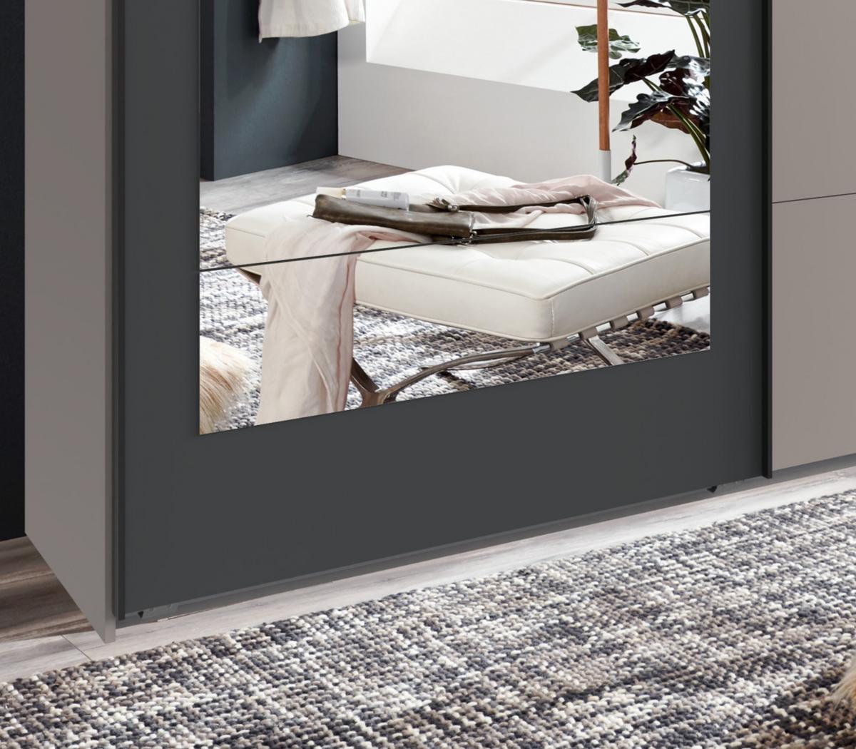 SCHWEBETÜRENSCHRANK 2-türig B225/H208/T65 cm, Kleiderschrank in Sandgrau mit Rahmenspiegel auf Tür in Anthrazit / 22009 - Sandfarben/Anthrazit, Holzwerkstoff/Metall (225/208/65cm) - luma-home