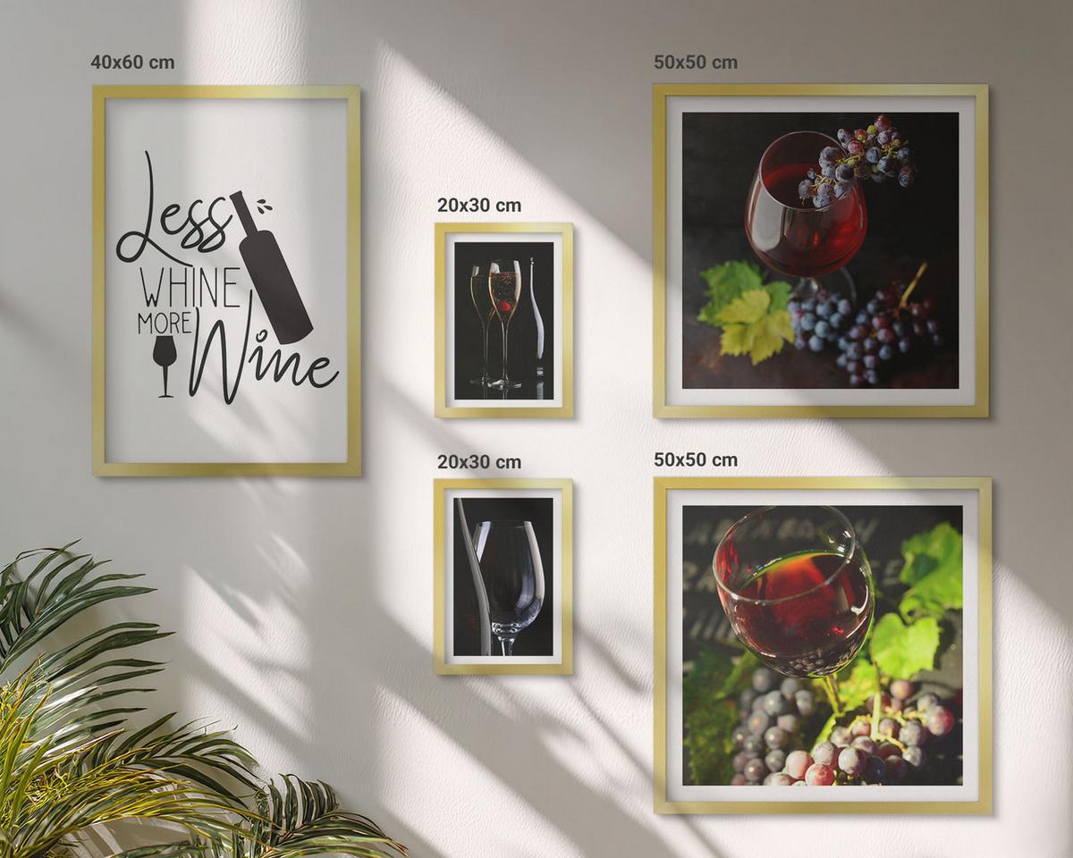 BILDER SET 5er Set - 50x50 cm & 20x30 cm & 40x60 cm Goldrahmen - Weingläser mit Trauben und Inschrift - Goldfarben, Kunststoff (40/60cm) - TULUP