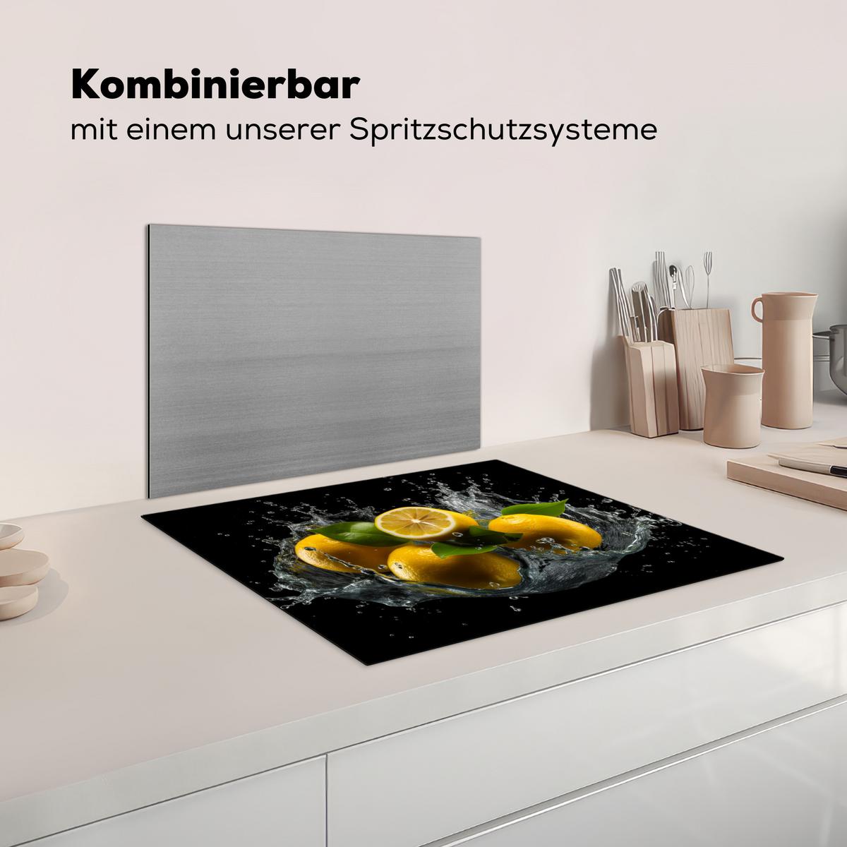 HERDABDECKPLATTE Zitrone - Obst - Gelb - Schwarz Herdabdeckung Induktionsfeld 65x52 cm - Gelb, Kunststoff (65/52/0.2cm) - MuchoWow
