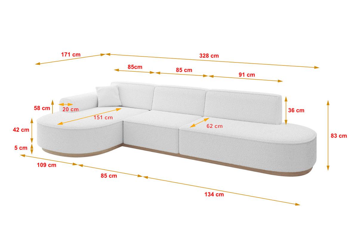 ECKSOFA Ottomane Links MARI-L2-v1 - 328x171x83 cm Weiß Bouclé - Weiß, Holzwerkstoff/Textil (328/171cm) - ALTDECOR