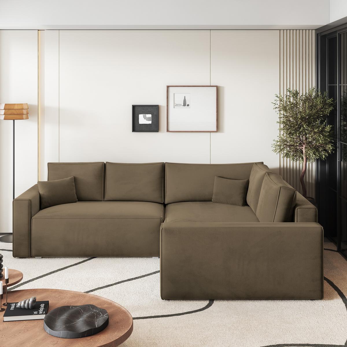 ECKSOFA ERONIS R-S Beige Velours-Stoff mit Schlaffunktion - Beige, Holz (265/194cm) - MASSENO