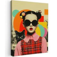 LEINWANDBILD Mädchen - Sonnenbrille - Katze - Retro Room Decor 30x40 cm - Beige, Textil (30/40cm) - MuchoWow