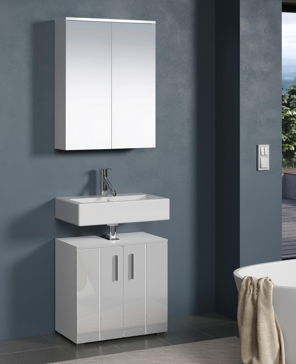 BADMÖBEL-SET weiß Hochglanz 112 x 192 cm 2-teilig, Badezimmer Schränke in modernem Design - Weiß Hochglanz/Silberfarben, Holzwerkstoff/Kunststoff (60/192/32cm) - Top.Furn