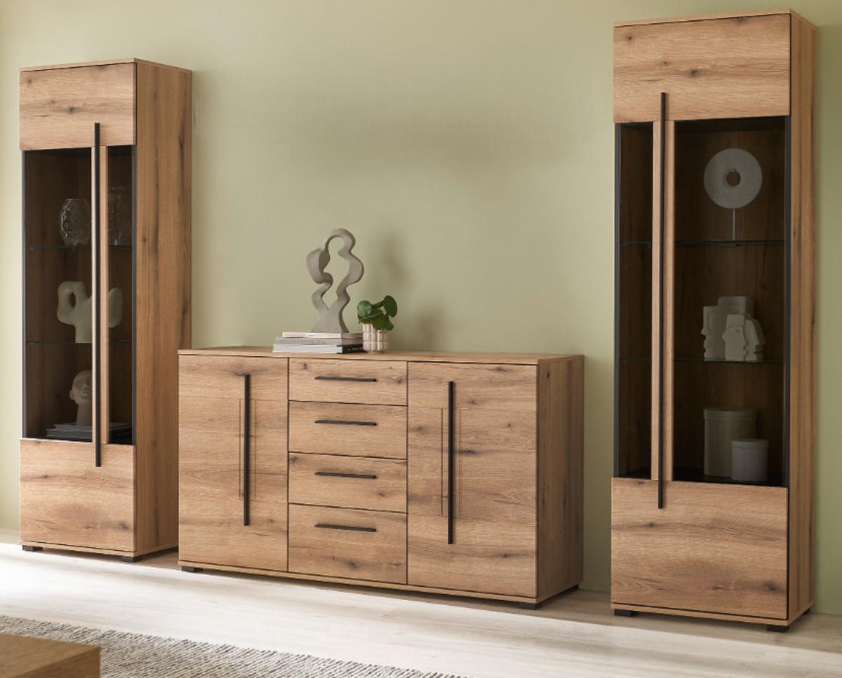 WOHNWAND Eiche Evoke, Wohnkombination 3-teilig mit Beleuchtung - Eichefarben/Schwarz, Glas/Holzwerkstoff (290/200/42cm) - Furn.Design