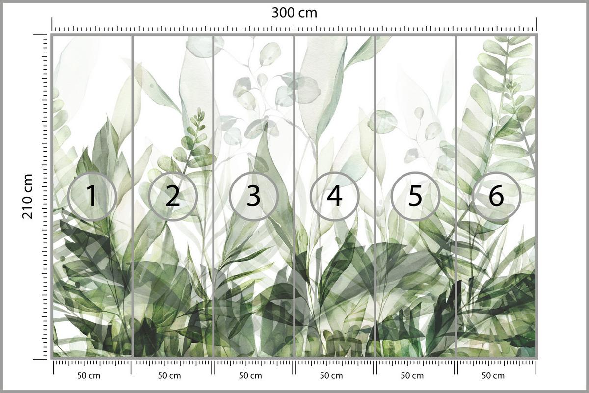 FOTOTAPETE für Schlafzimmer Aquarell Tropische Grüne Blätter Exotisch Blätter 300x210 - Weiß/Grün, Papier (300/210cm) - Muralo