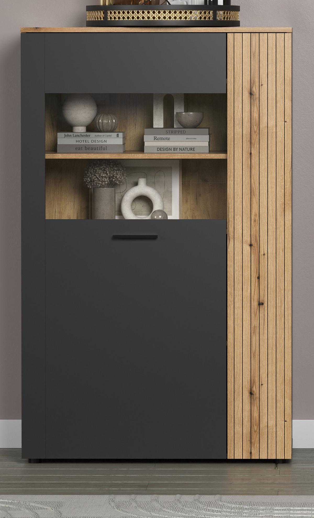 HIGHBOARD grau, Evoke Eiche 90 x 146 cm, Vitrine 2-türig - Eichefarben/Anthrazit, Holzwerkstoff/Kunststoff (90/146/42cm) - Top.Furn