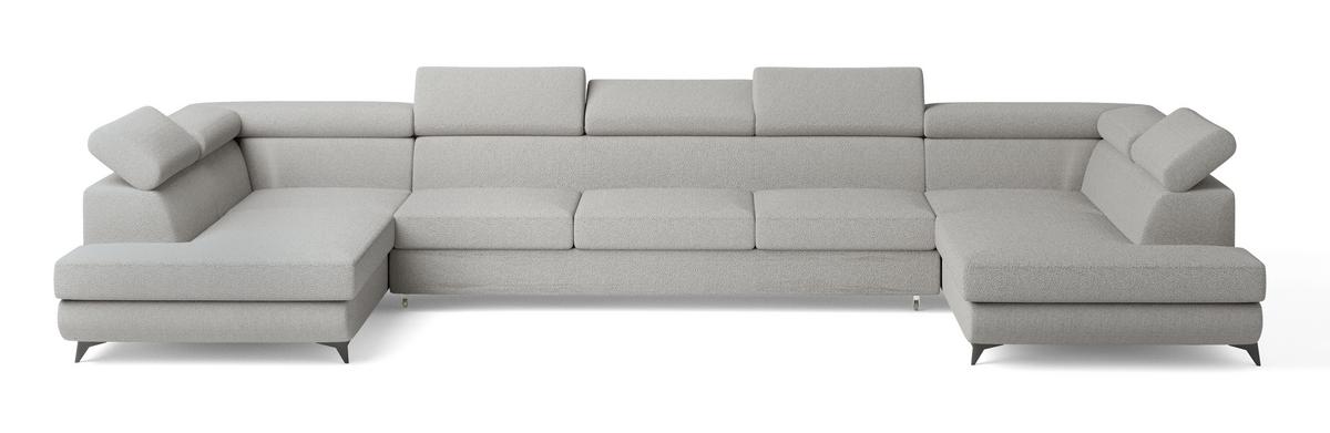 WOHNLANDSCHAFT URMANO Hellgrau Boucle-Stoff mit Schlaffunktion - Hellgrau, Holz (395/89/190cm) - MASSENO
