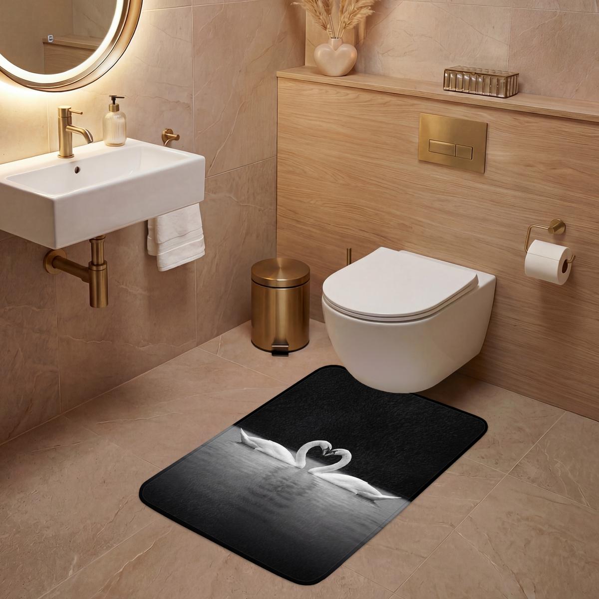 WC-VORLEGER Schwäne - Herz - Schwarz - Weiß Toilettenvorleger 60x90 cm - Schwarz, Textil (60/1cm) - OnlyWow