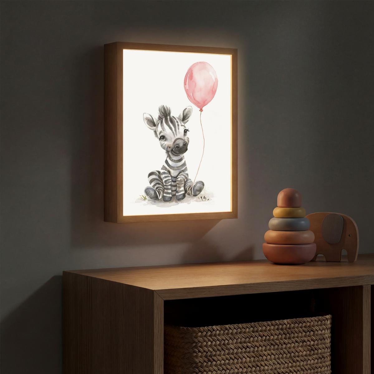NACHTTISCHLAMPE MIT AKKU Zebra - Baby - Tiere - Rosa Luftballon 30x40 cm - Weiß, Holzwerkstoff (8/30/40cm) - OnlyWow