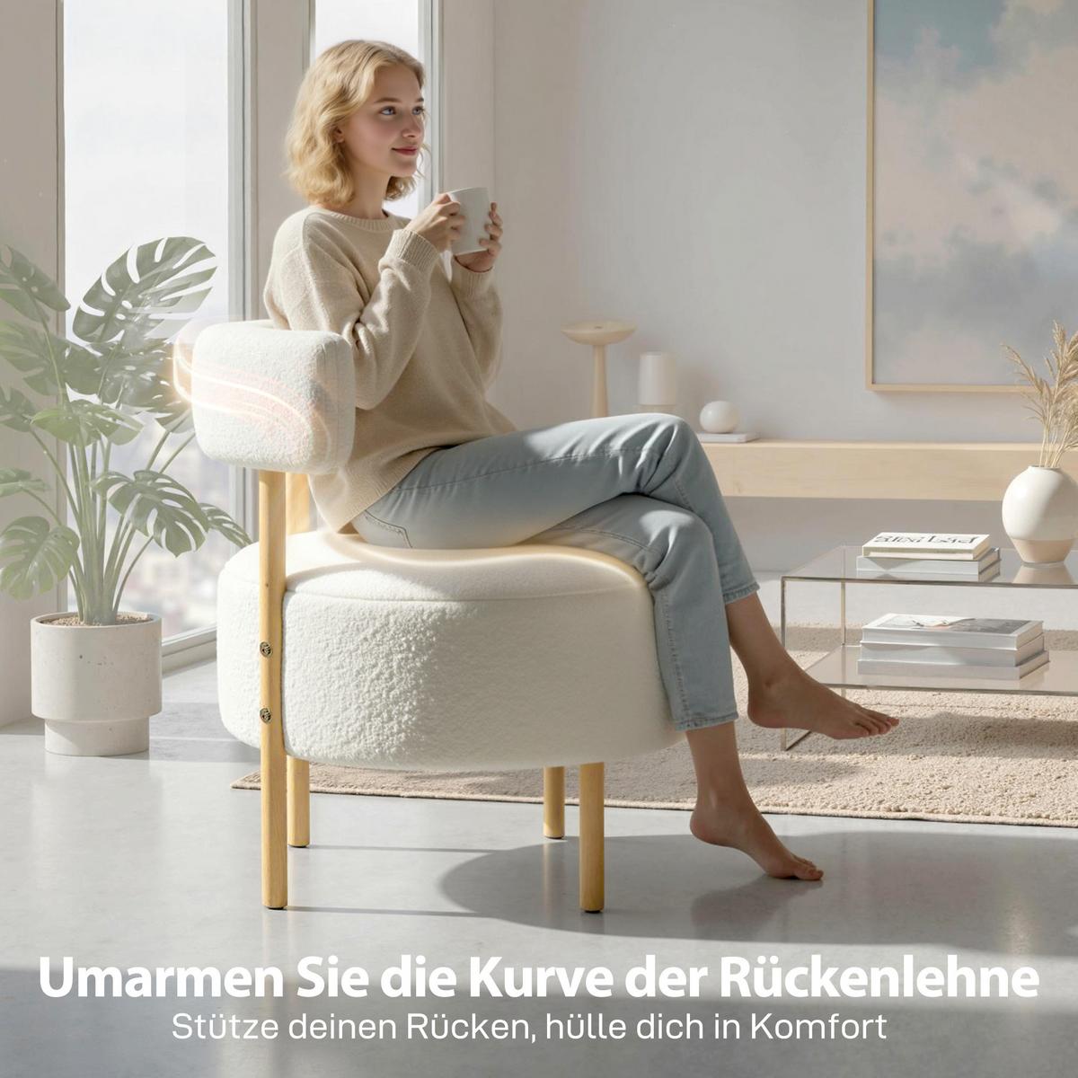RELAXSESSEL mit Sherpa-Fleece Metallbeinen in Holzoptik Weiß - Eukalyptusholzfarben/Creme, Holz/Textil (67/71/67cm) - HOMCOM