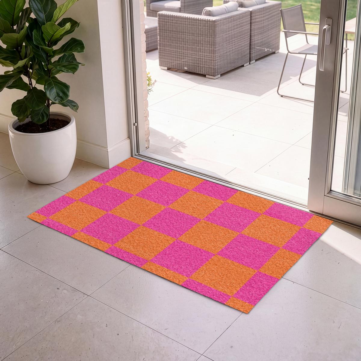FUSSMATTE Schachbrettmuster - Orange - Rosa - Blöcke Schmutzfangmatte 120x80 cm - Pink, Kunststoff (120/0.4cm) - MuchoWow
