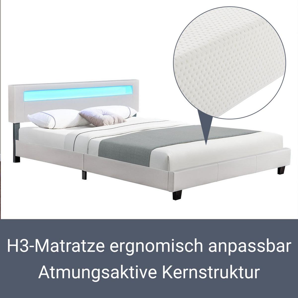 POLSTERBETT Paris weiß 180x200cm mit Matratze und LED (16 Farben) - Weiß, Textil (180/200cm) - Juskys