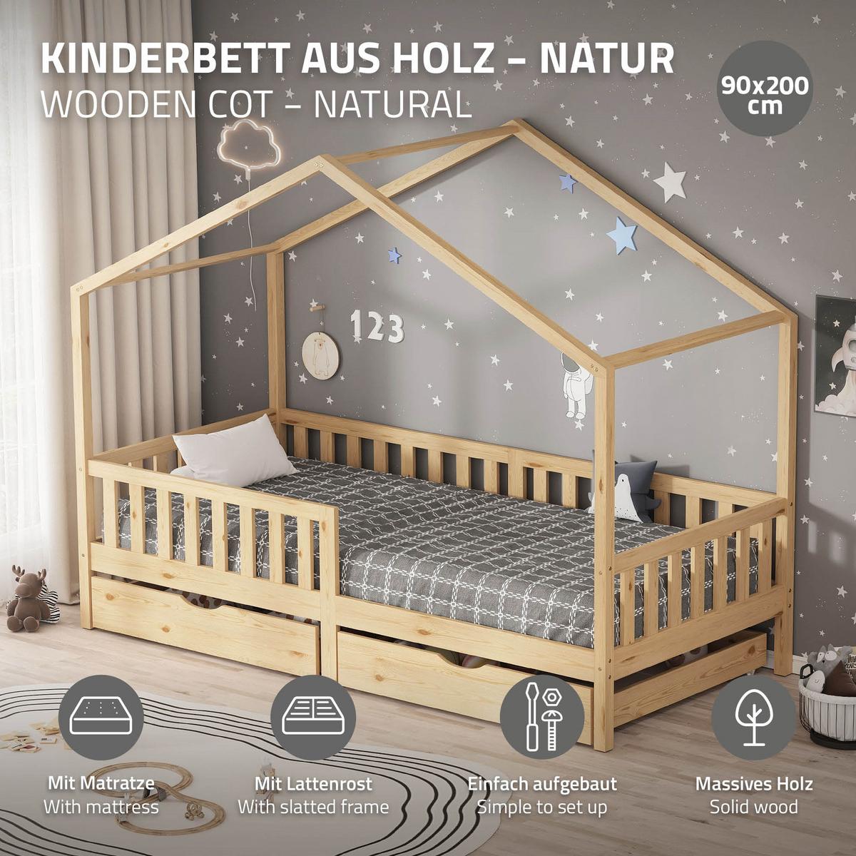 HAUSBETT mit Matratze 90x200 cm und 2 Schubladen Natur aus Kiefernholz - Beige, Holz (90/200cm) - ML-DESIGN