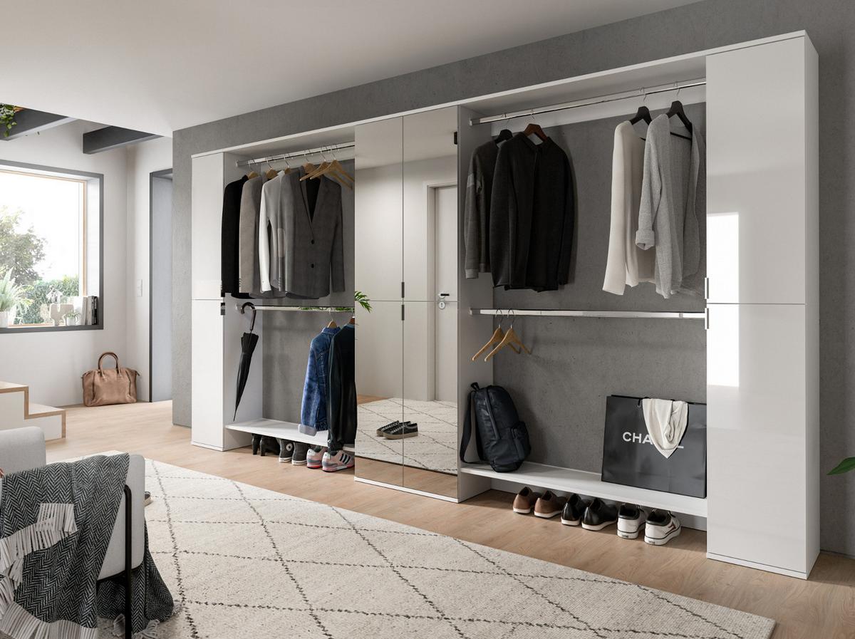 GARDEROBENSCHRANK weiß Hochglanz 232 cm, Schuhschrank XXL, mit Spiegeltüren - Chromfarben/Weiß Hochglanz, Holzwerkstoff/Kunststoff (341/193/34cm) - Inn.Furn
