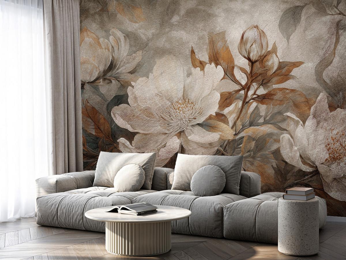FOTOTAPETE für Wohnzimmer Blumen Blätter Pflanzen Natur Retro Stil 100x70 - Beige/Orange, Papier (100/70cm) - Muralo