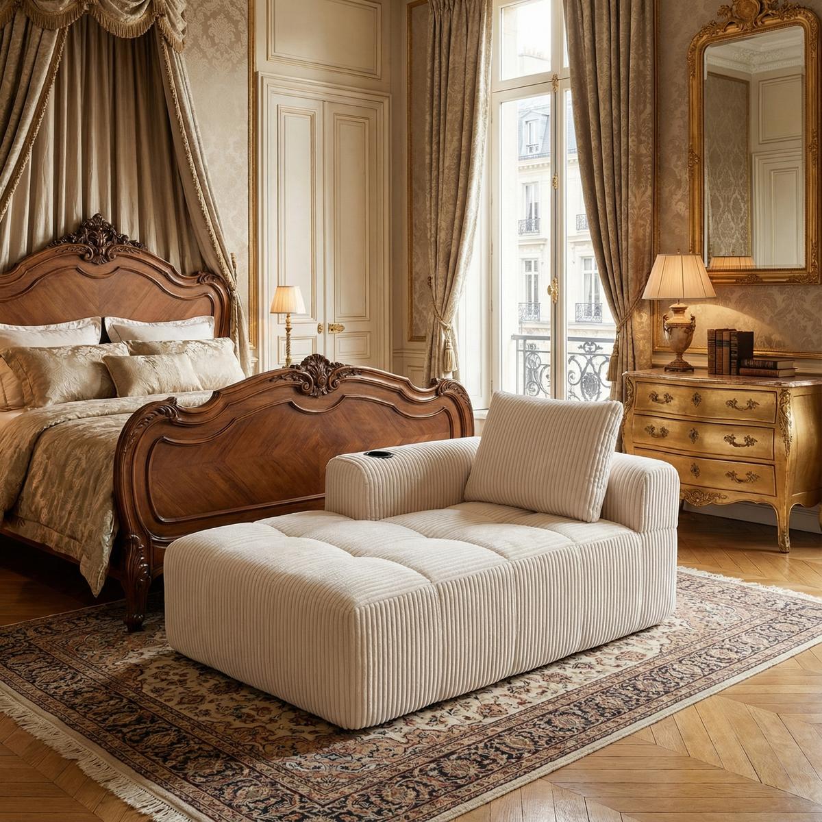 CHAISELONGUE in Cord (158 cm) mit Getränkehalter & Seitentaschen - Beige, Textil (158/61/93cm) - Urban Meuble