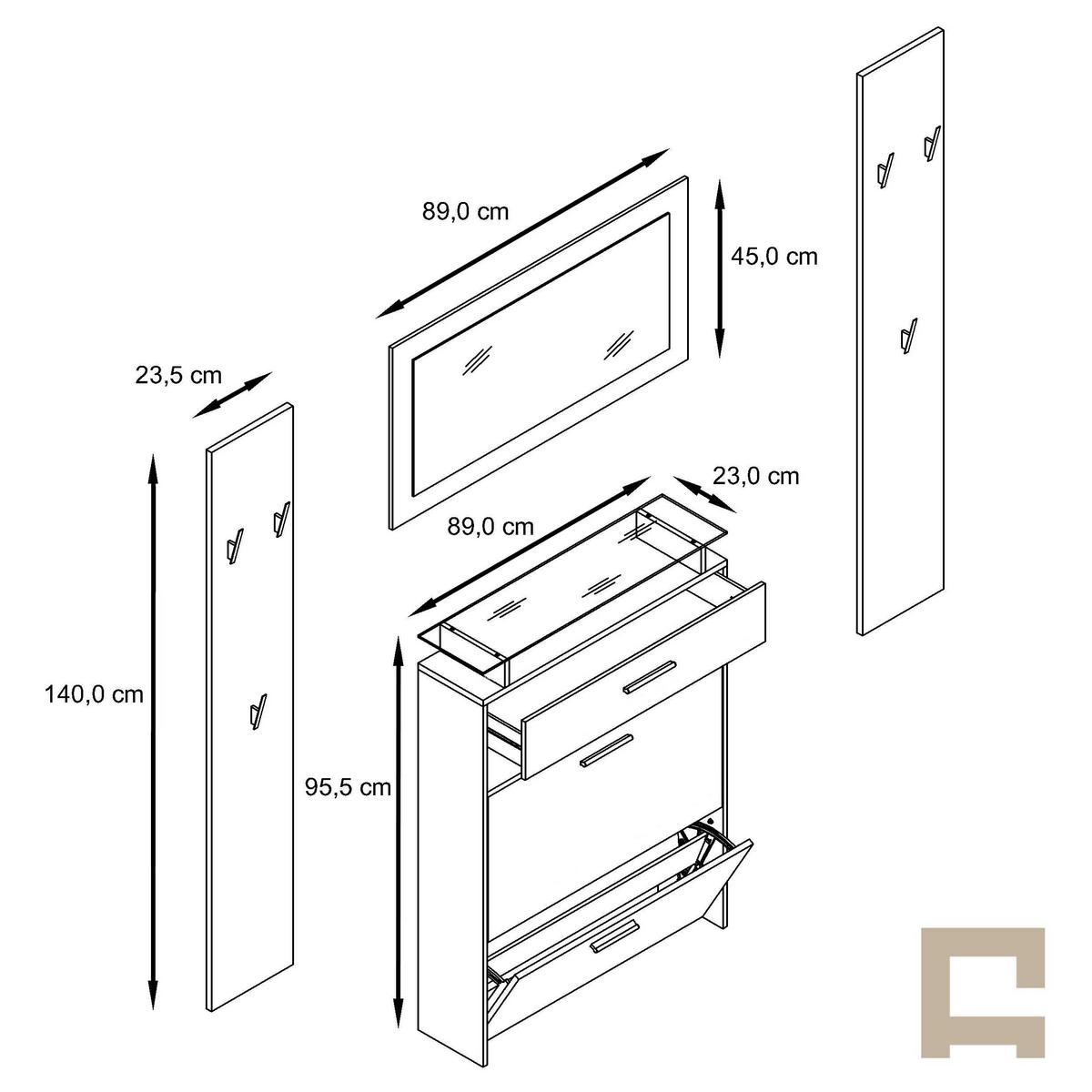 GARDEROBE Malea Front in Grau Hochglanz - Grau, Holzwerkstoff (180/180/23cm) - Vladon