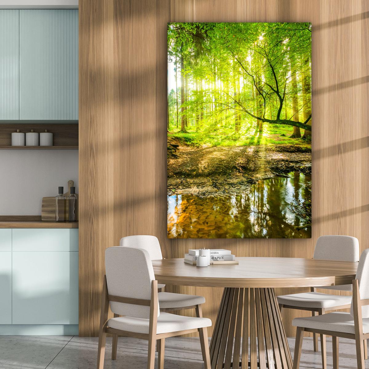 LEINWANDBILD Wald - Landschaft - Wasser - Bäume - Sonne - Grün - Natur Deko XXL 80x120 cm - Grün, Textil (80/120cm) - MuchoWow