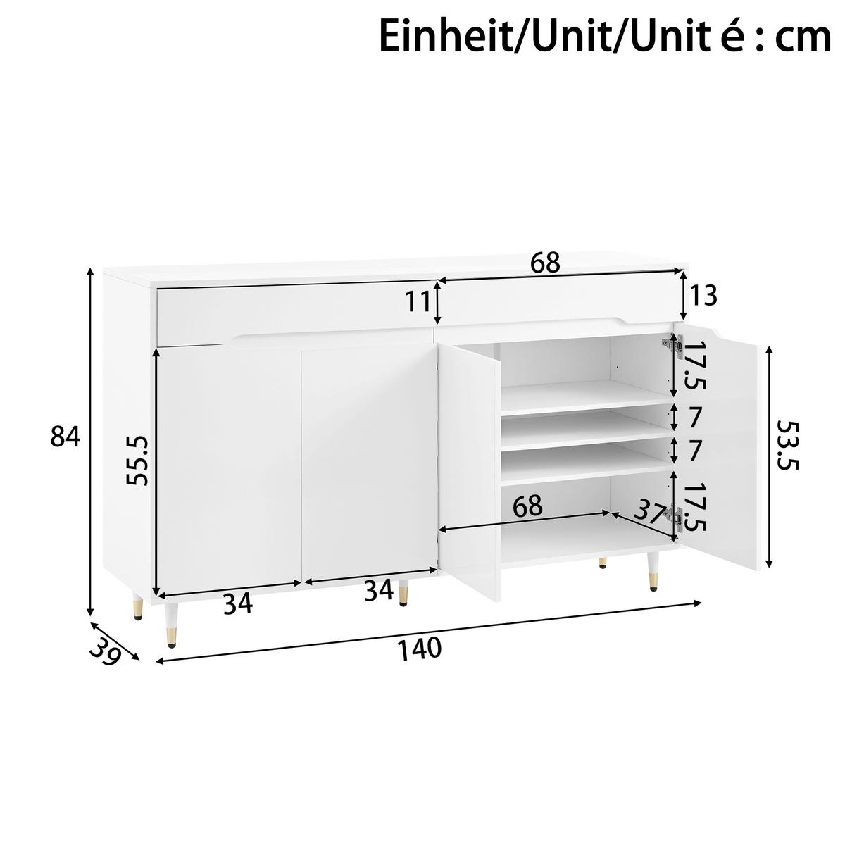 SIDEBOARD 2 Türen, 2 Schubladen, Goldene Beine Platz für 18–24 Paar Schuhe, Verstellbare Regale, Weiß - Weiß, Holzwerkstoff (140/84/39cm) - Urban Meuble