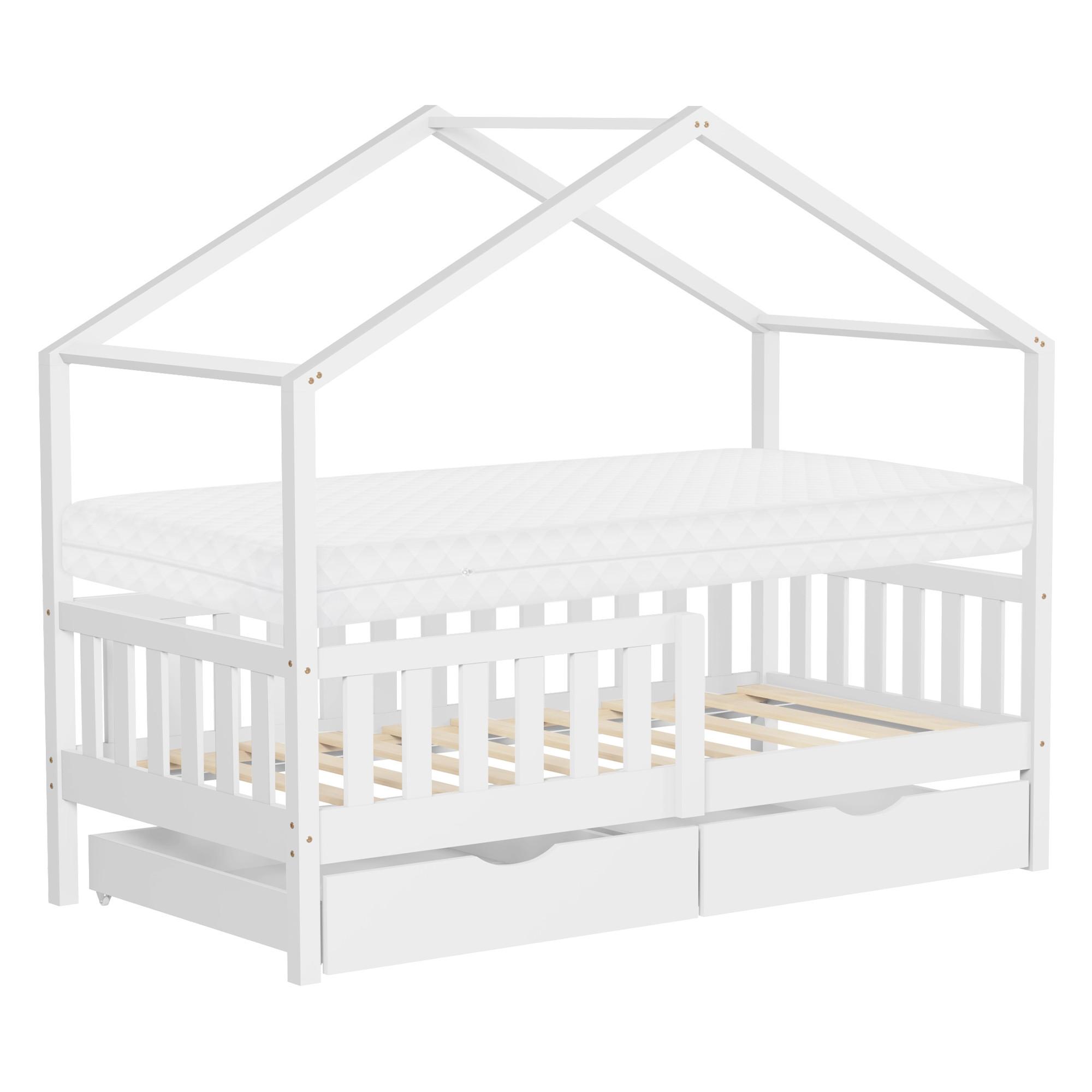HAUSBETT mit Matratze 80x160 cm und 2 Schubladen Weiß aus Kiefernholz - Weiß, Holz (80/160cm) - ML-DESIGN