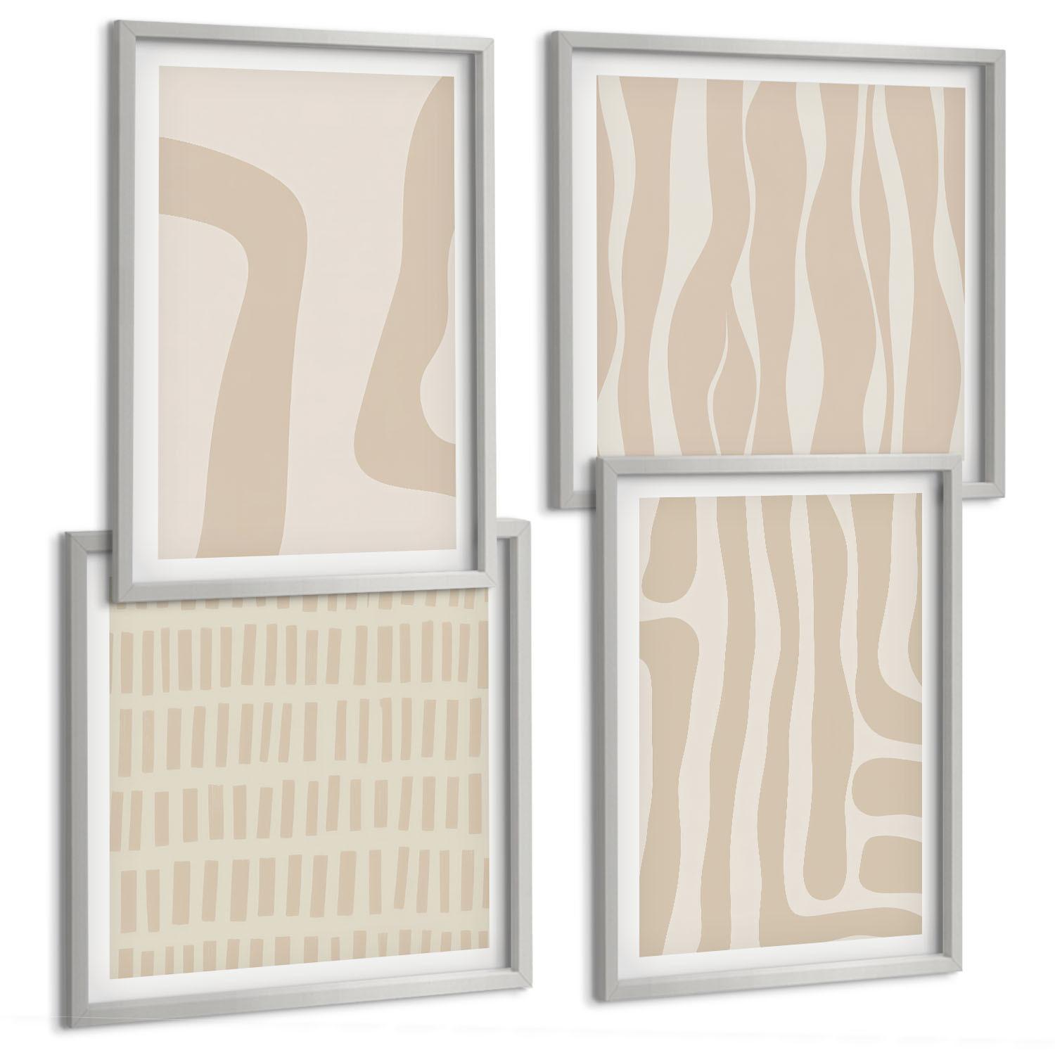 BILDER SET 4er Set - 50x50 cm & 40x60 cm Silberner Rahmen - Abstrakte Boho-Musterformen - Silberfarben, Kunststoff (50/50cm) - TULUP