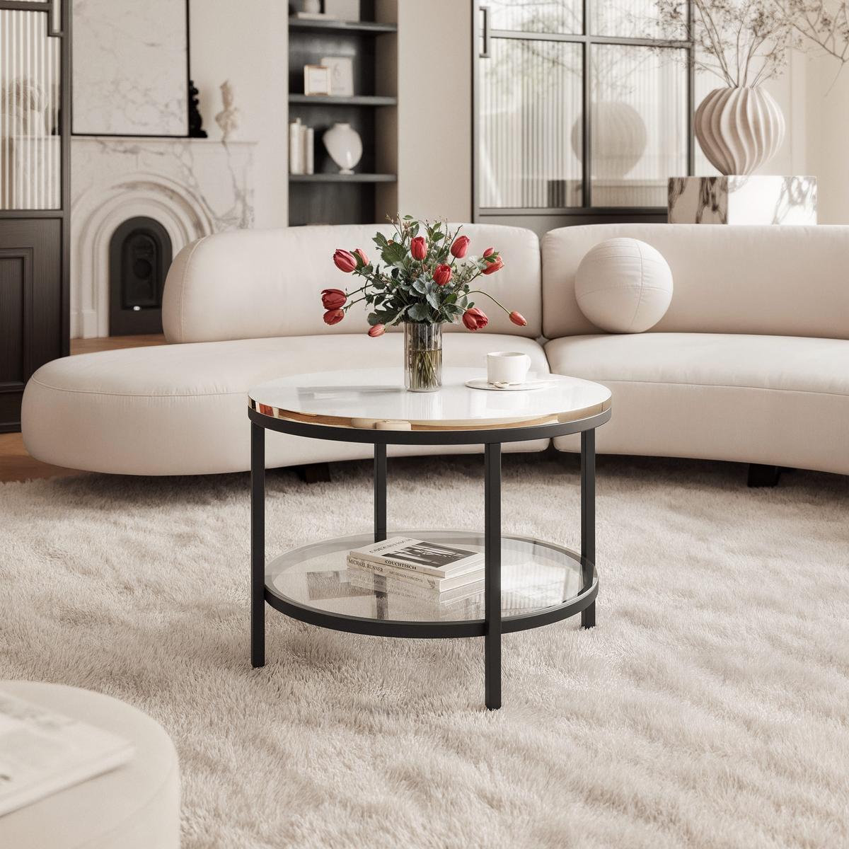 COUCHTISCH CANDY 60/42 cm runden, Schwarz / Weiß Hochglanz / Gold - Weiß Hochglanz/Schwarz, Glas/Metall (60/60/42cm) - Idohome