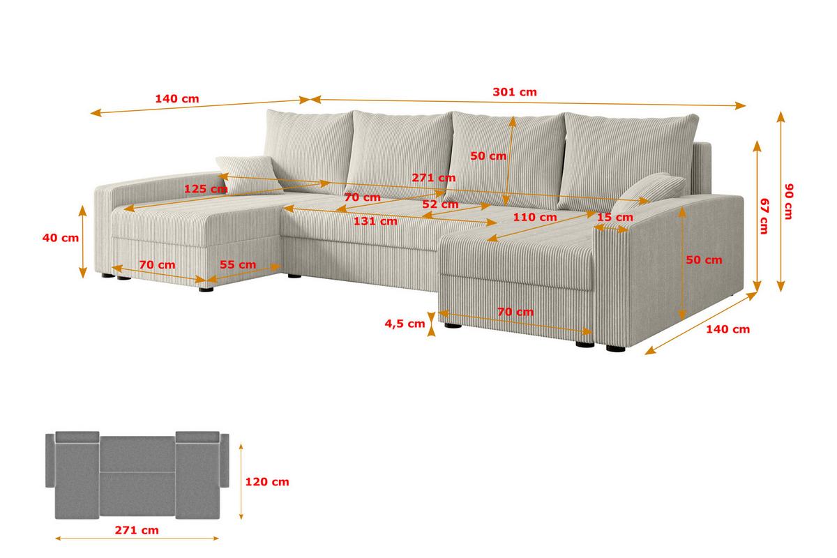 WOHNLANDSCHAFT mit Schlaffunktion und Bettkasten ALESIA-U 301x140x90 cm Creme Cord - Silberfarben/Hellgrau, Holzwerkstoff/Kunststoff (301/90/140cm) - ALTDECOR