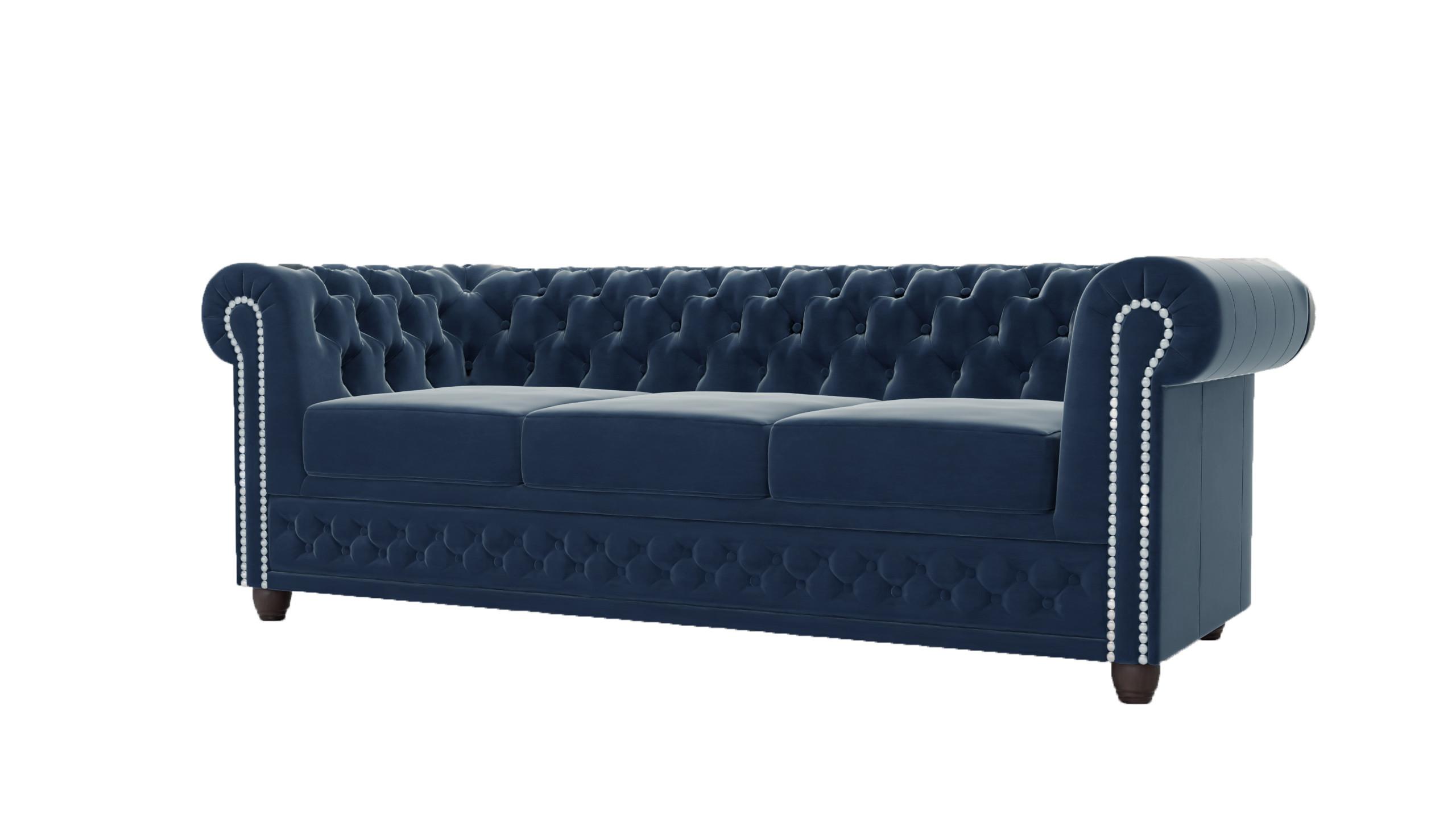 CHESTERFIELD-SOFA 3-Sitzer mit Schlaffunktion Nyx Marineblau Samt - Dunkelblau/Braun, Holz/Textil (203/28/86cm) - S-Style Möbel