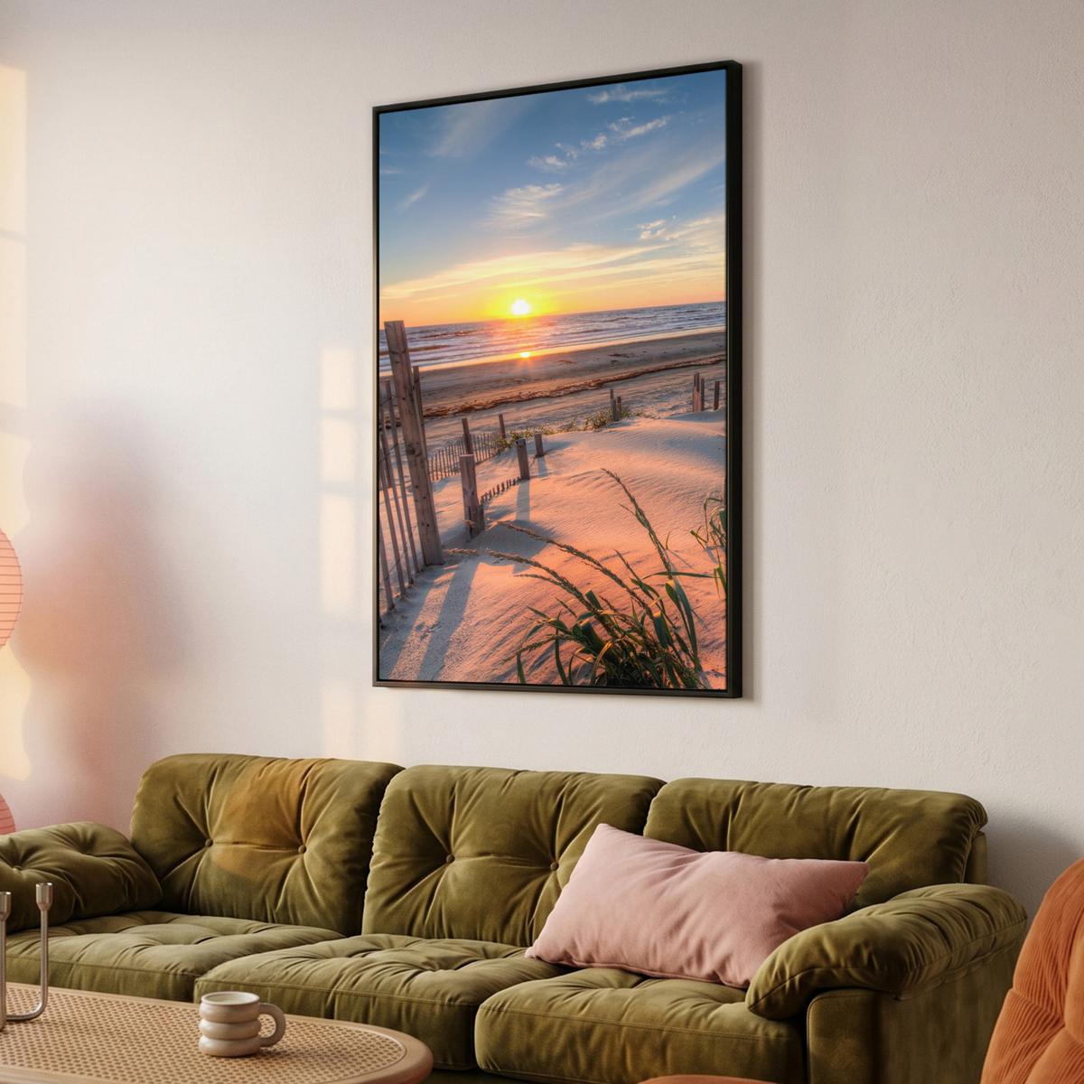 LEINWAND Bilder mit Rahmen - Strand - Meer - Düne - Sonnenuntergang - Landschaft - 90x140 - Beige, Textil (90/140cm) - MuchoWow