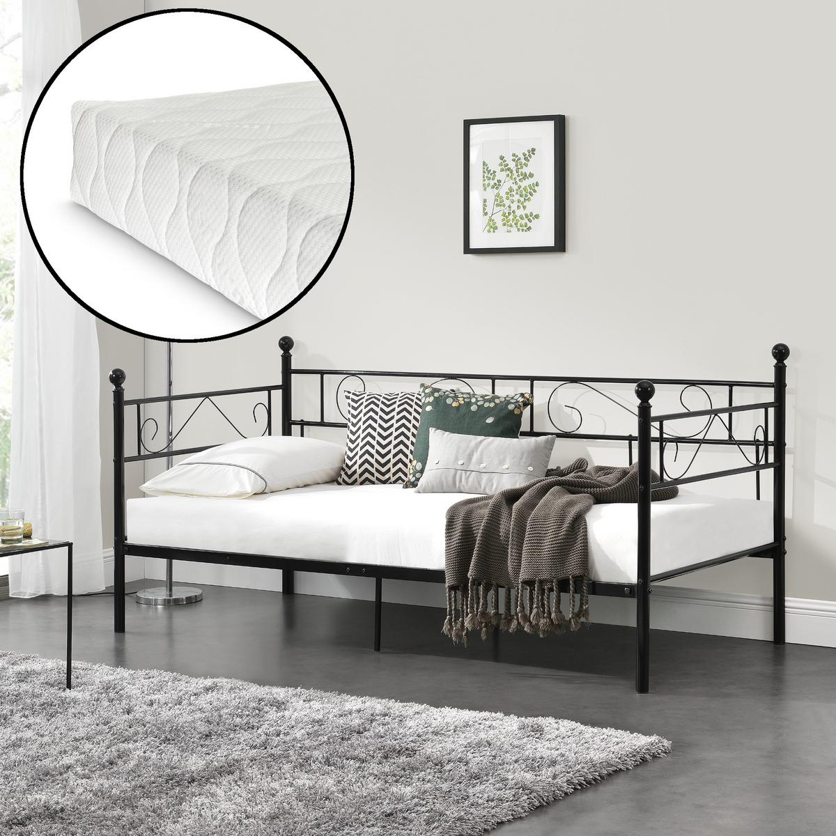 TAGESBETT Granada mit Matratze - Schwarz, Textil/Metall (90/200cm) - [en.casa]