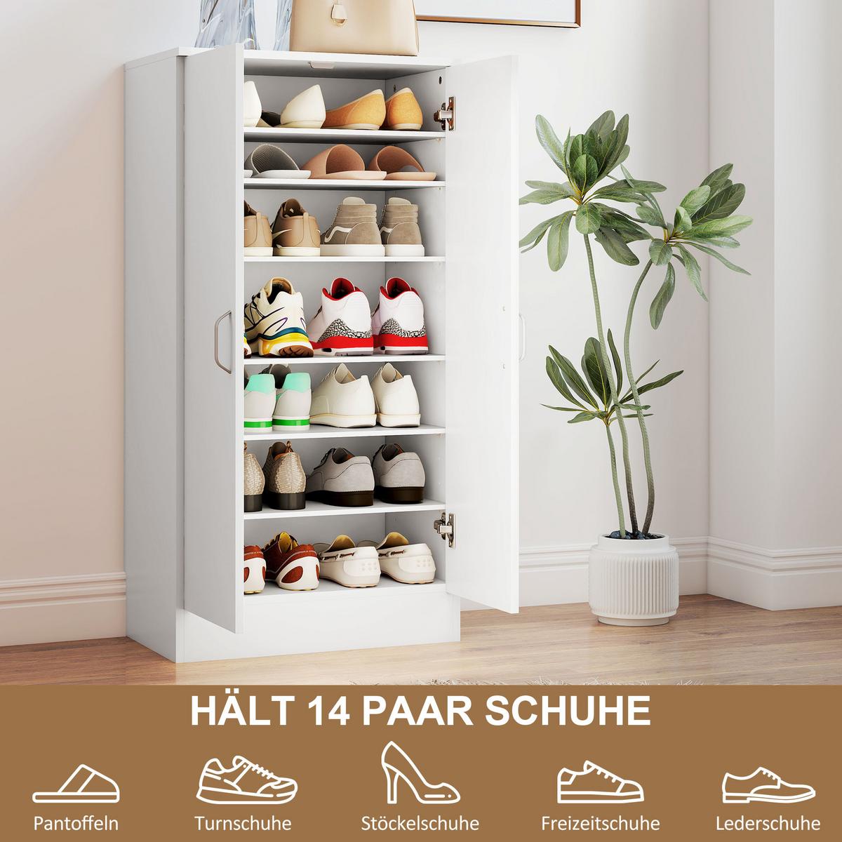 SCHUHSCHRANK mit Soft-Close-Tür, verstellbare Regale, für 14 Paare, Weiß - Alufarben/Weiß, Holzwerkstoff/Metall (55/108/35cm) - HOMCOM