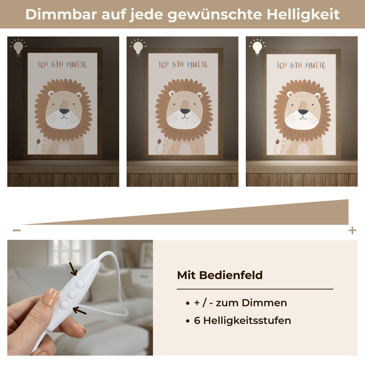 WANDLEUCHTE Löwe - Beige - Tier - Mutig - Zitat 20x30 cm - Beige, Holzwerkstoff (20/30/8cm) - OnlyWow