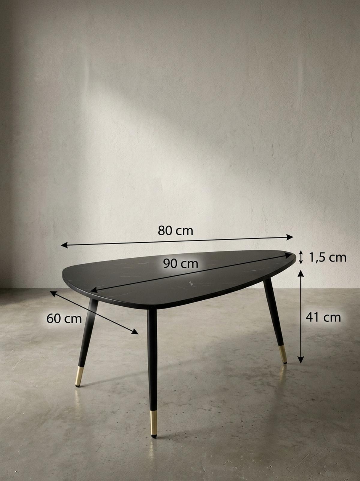 COUCHTISCH mit Marmor Optik, Dreibein, Metall-Gestell, Dreieckig, Schwarz 90x60x41 cm - Schwarz, Holzwerkstoff/Metall (60/90/41cm) - KADIMA DESIGN