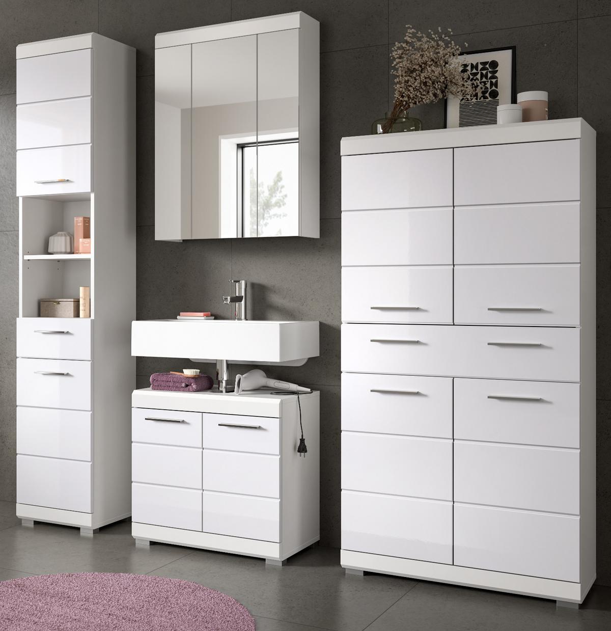 BADMÖBEL-SET weiß Hochglanz 4-teilig 200 cm, Komplettset mit viel Stauraum - Weiß Hochglanz, Glas/Holzwerkstoff (200/191/34cm) - Inn.Furn