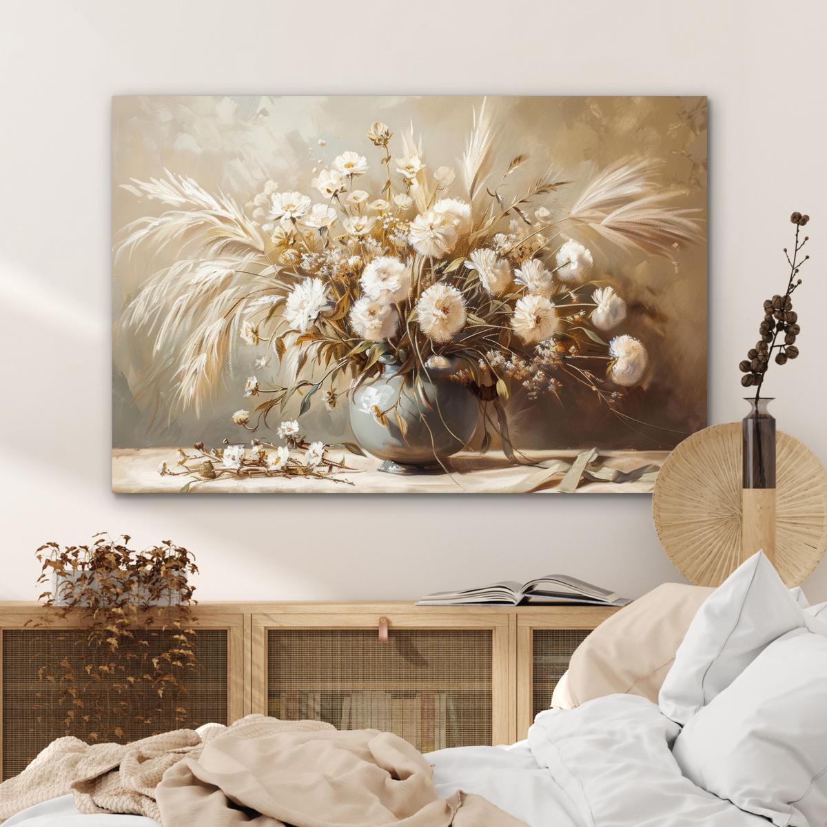 METALLBILD Blumen - Vase - Stilleben - Beige Wanddeko 90x60 cm - Creme, Metall (90/60cm) - MuchoWow