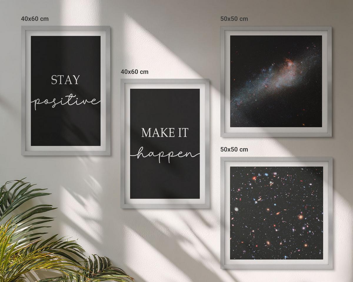 BILDER SET 4er Set - 50x50 cm & 40x60 cm Silberner Rahmen - Motivationsslogans Sterne Weltraum - Silberfarben, Kunststoff (50/50cm) - TULUP