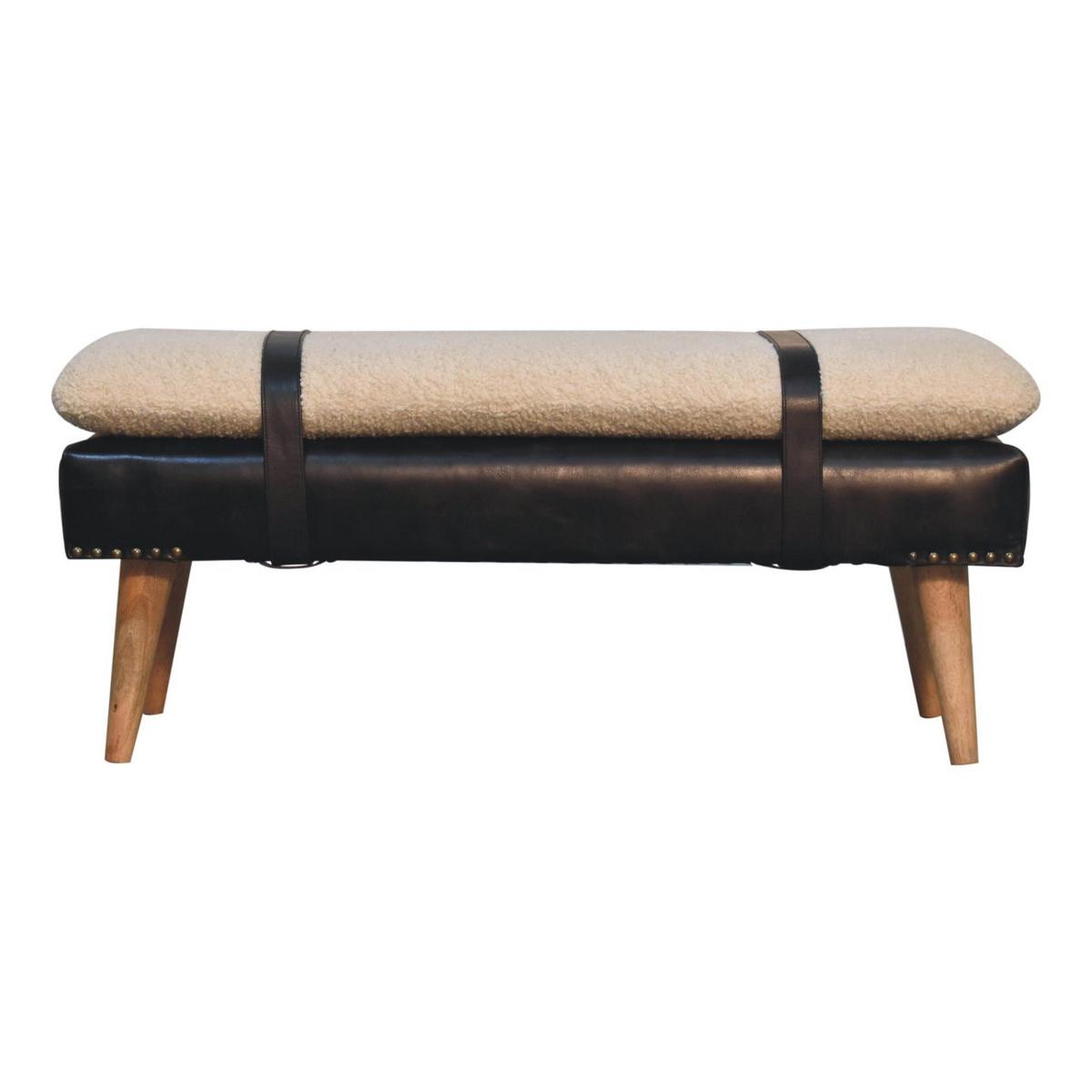 BANK Bouclé Büffelleder Schwarz, Gürtelriemen-Design, Braun - Braun, Holz (90/40/35cm) - Artisan Furniture