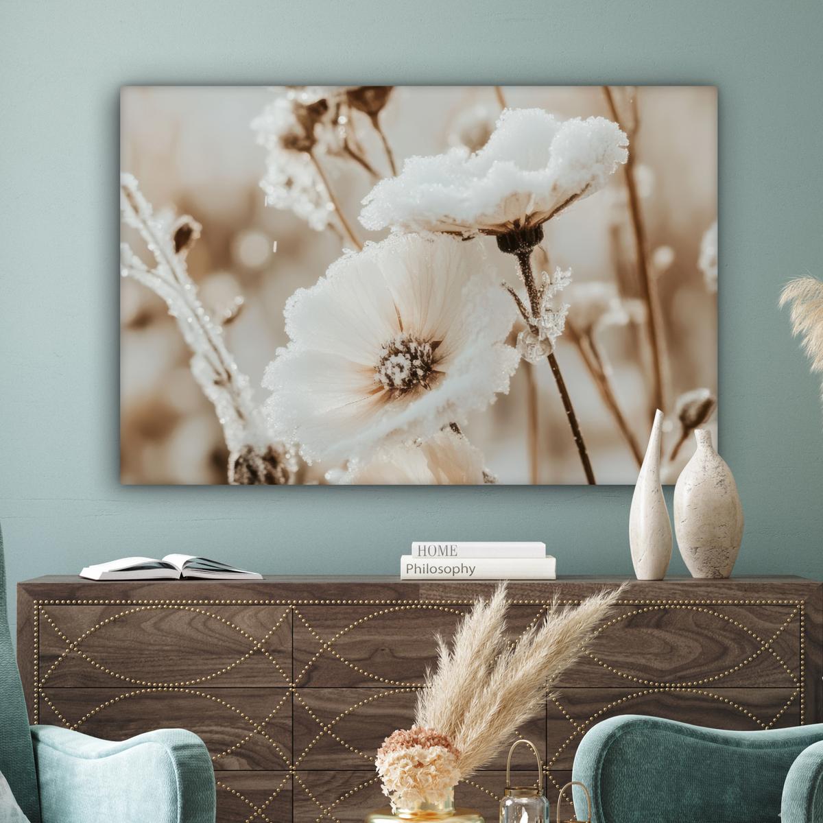 LEINWANDBILD Blumen - Winter - Weiß - Schnee - Beige Wohnzimmer Groß 120x80 cm - Creme, Textil (120/80cm) - MuchoWow