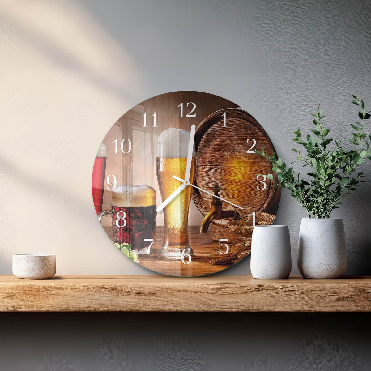 WANDUHR aus Glas Ø30 cm - Bierfass - Braun, Glas (30/30/0.4cm) - TULUP