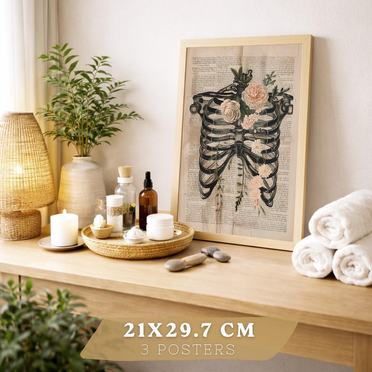 POSTER Set aus 3 Anatomie Mensch Drucke und Wandbilder mit Leber Rippen und Schädel Retro Floraler Stil Wanddekoration Größe Leichter Holzrahmen A4 - Beige, Papier (21/29.7/3cm) - Nacnic