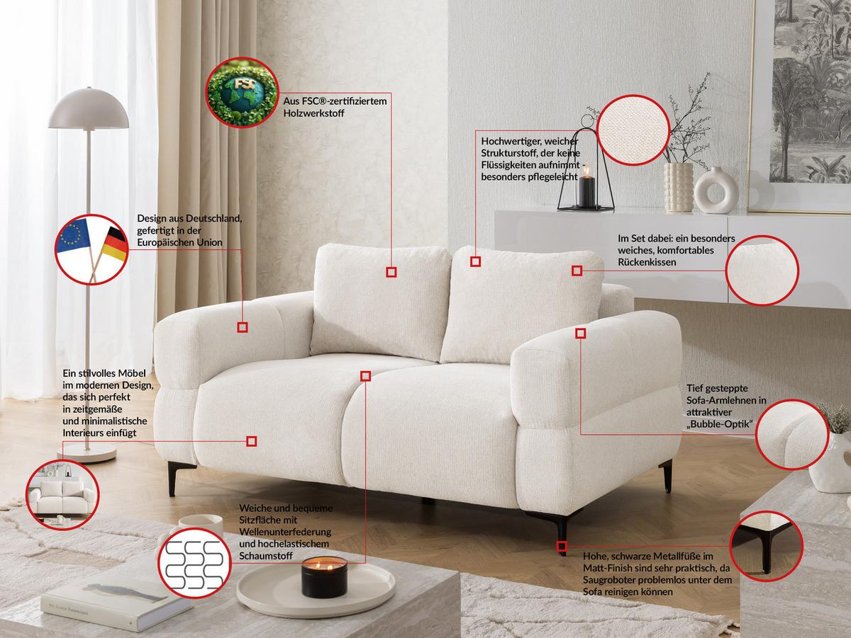 2-SITZER-SOFA Cardea in Bubble-Optik aus weichem Creme Strukturstoff mit hohem Sitzkomfort - Creme/Schwarz, Holz/Textil (154/80/97cm) - S-Style Möbel