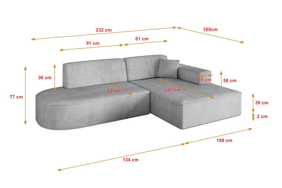 ECKSOFA Ottomane Rechts IREA-L1-v4 - 232x165x77 cm Grau - Grau, Holzwerkstoff/Textil (232/165cm) - ALTDECOR