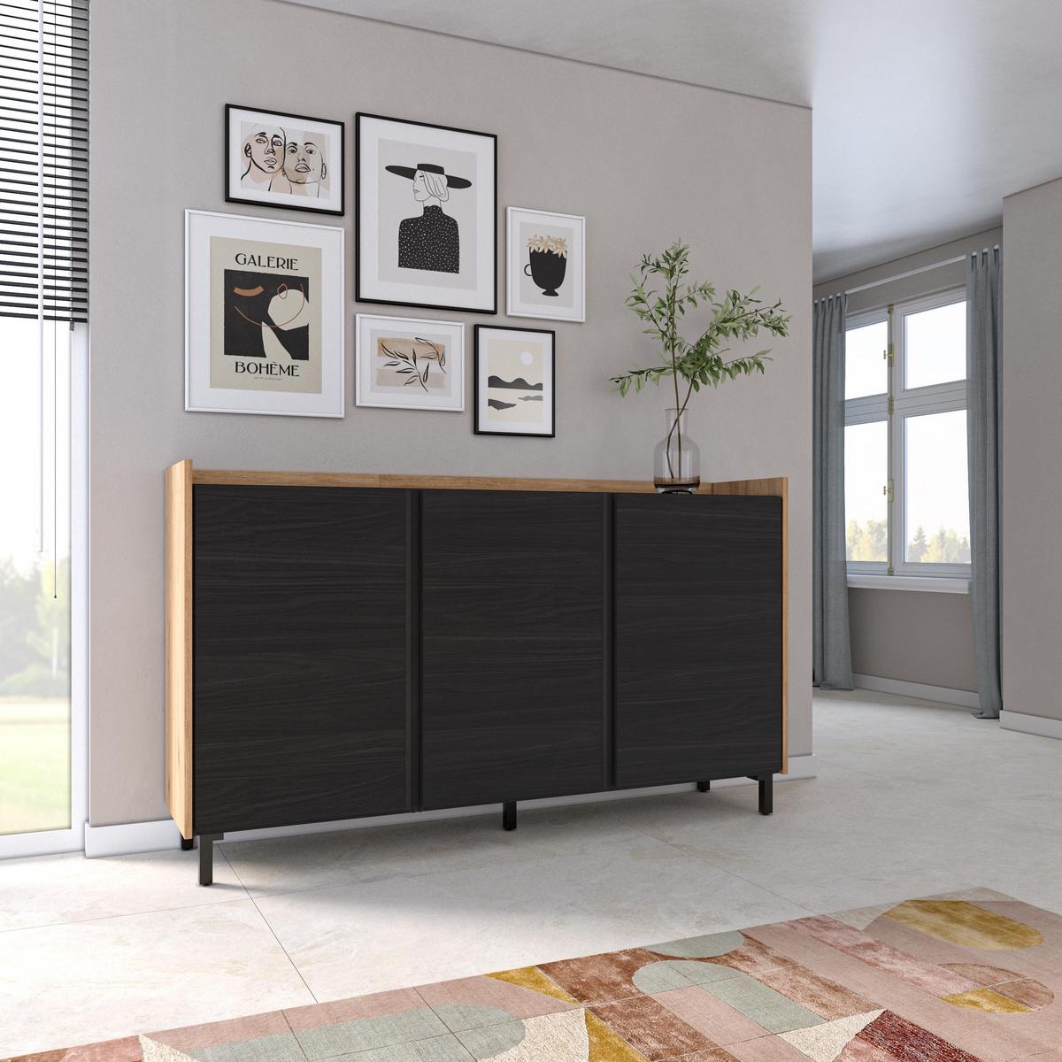 SIDEBOARD, Schwarz und Eiche, 156/35/91cm, mit Beinen - Schwarz, Holzwerkstoff (156/91/35cm) - Skraut Home