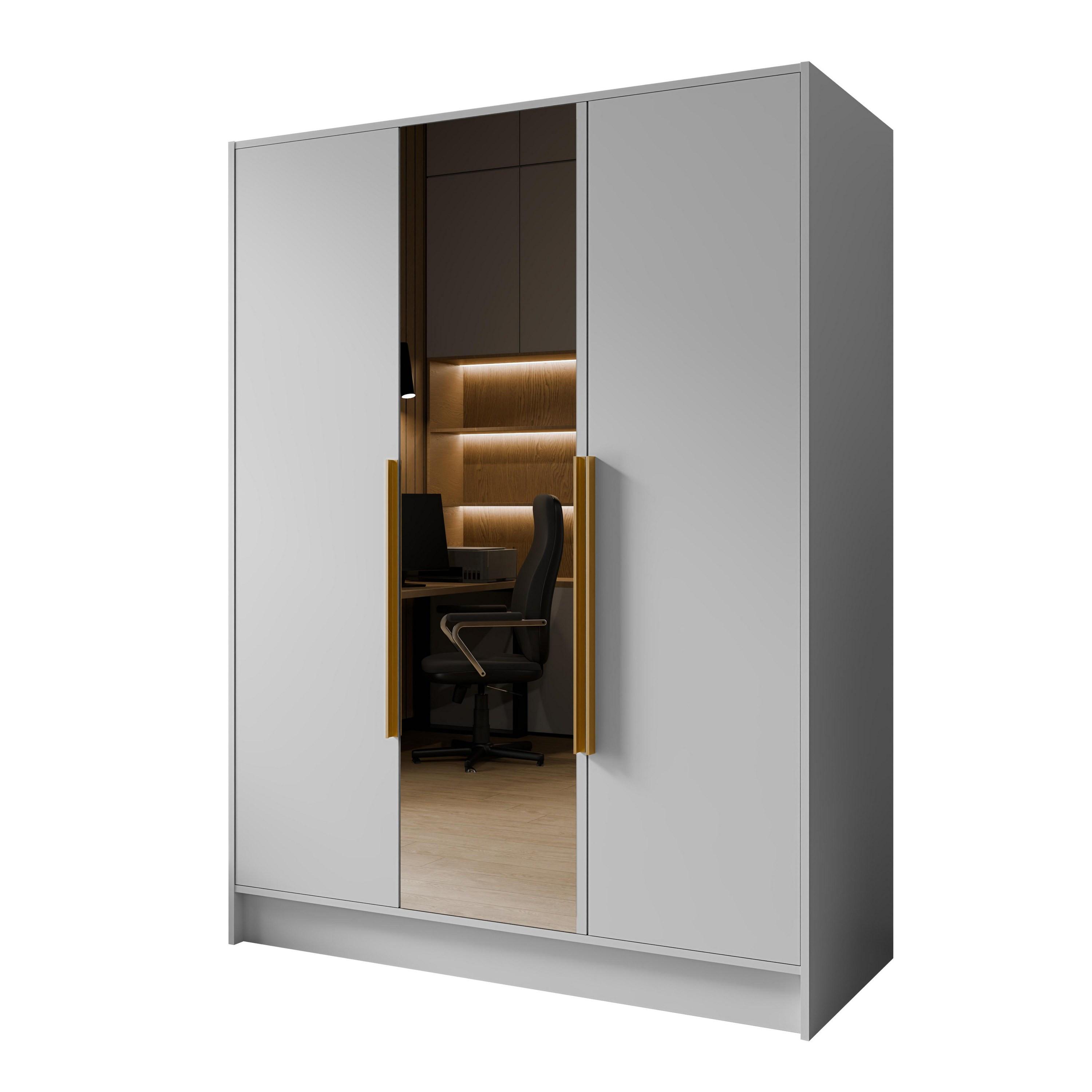 DREHTÜRENSCHRANK RENVO 150/200/51 cm Modern Kleiderschrank 3-türig mit Spiegel Weiß - Weiß, Holzwerkstoff (150/200/51cm) - MASSENO